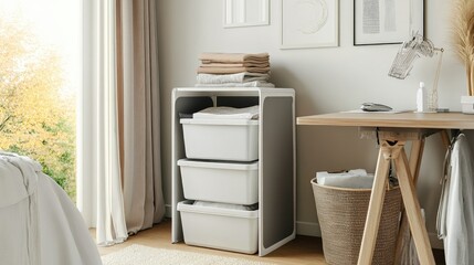 Space-saving dorm room with stacked storage bins, a corner desk, and a collapsible laundry hamper for an organized, compact space