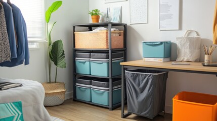 Space-saving dorm room with stacked storage bins, a corner desk, and a collapsible laundry hamper for an organized, compact space