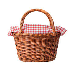 Obraz premium A woven wicker basket with a red and white checked cloth peeking out from the top.