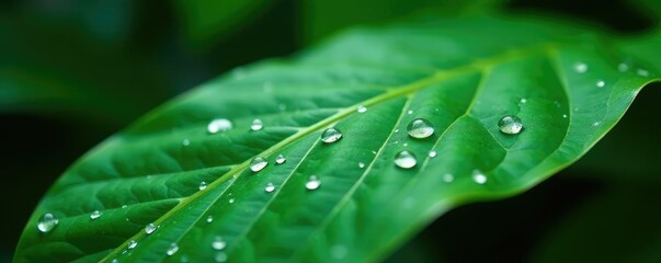 Water droplets falling onto a tropical leaf's veins, liquid, raindrops