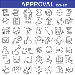 Approval icon set. Containing accept, certified, thumps up, agreement, approve, validation, seal approved, confirmation and decision icons. Vector Line Icon set art by illustrator eps 10