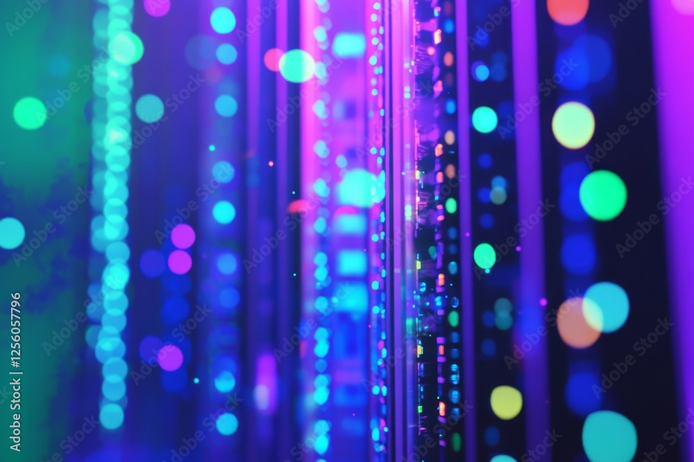 Poster close up of a vibrant server rack in a data center with abstract technology and bokeh effect