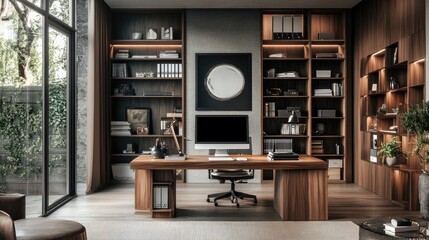 Spacious home office with dual monitors, a wooden desk, and plenty of storage in stylish open shelving