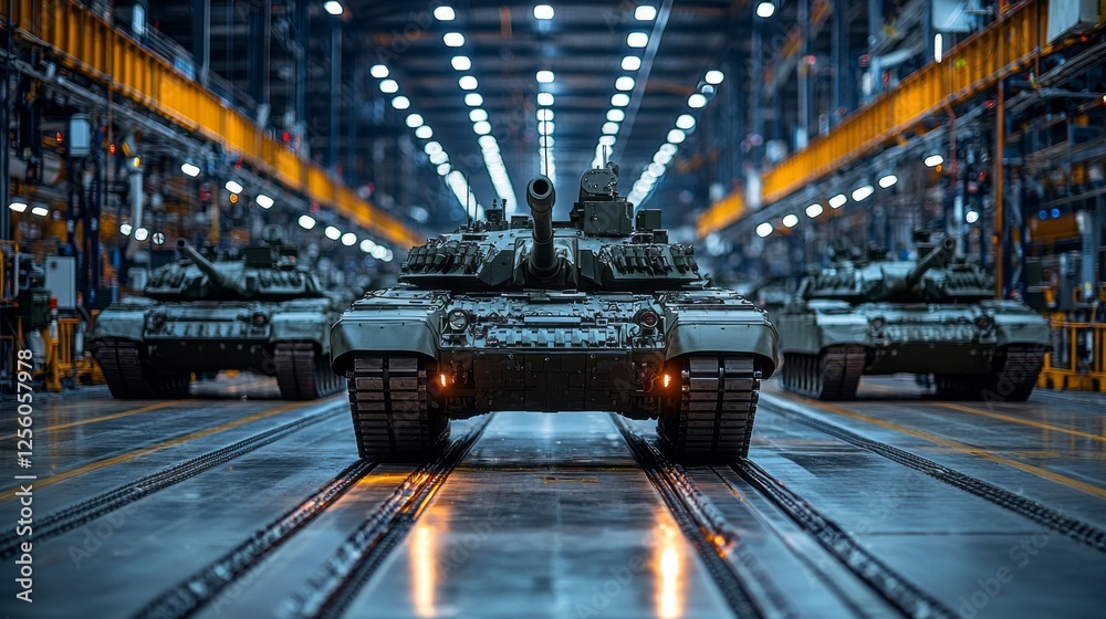 Poster lined up in an expansive factory, military tanks await deployment as bright lights illuminate their 