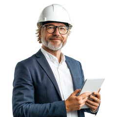An engineer wearing a safety helmet holding a tablet computer in his hand