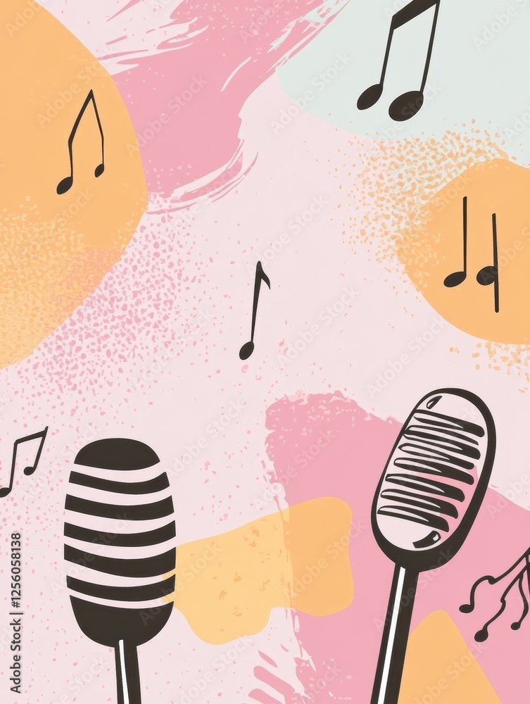 Fototapete Minimalist K pop inspired background features music notes and microphones in vibrant colors and soft shapes. Generative AI
