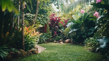 Fototapeta premium A lush garden with a winding stone path, surrounded by various tropical plants and trees, creating a serene and inviting atmosphere. The garden features vibrant flowers and dense greenery, making it a