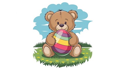 Little bear holding easter egg in paws