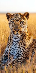 Naklejka premium Majestic leopard resting in golden grassland at sunset