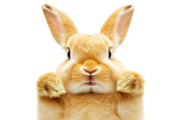 Golden brown rabbit with fluffy fur and curious expression isolated on transparent background