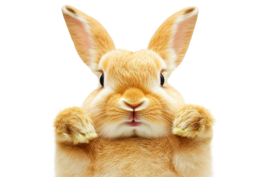 Golden brown rabbit with fluffy fur and curious expression isolated on transparent background