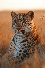 Fototapeta premium Leopard resting in golden grass at sunset in savanna