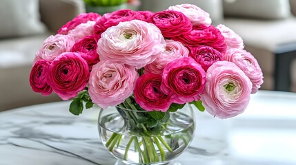 Vase with pink and white flowers arranged on a table in a bright and airy spring setting