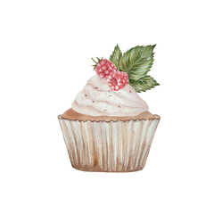 Cupcake with raspberries, cream and green leaves. watercolor illustration of sweets. Hand drawn, isolated on a white background. For printing, kitchen, cooking, textiles, holidays