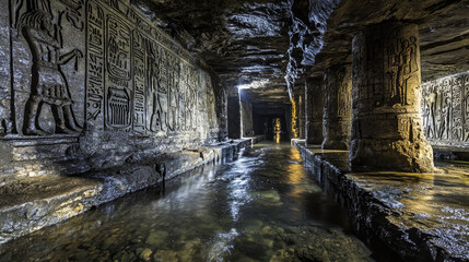 Naklejka premium Ancient underground temple with intricate carvings, reflecting water, and dim lighting creating a mystical atmosphere