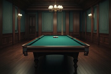 Classic billiards table in an elegant room with vintage decor during a quiet evening gathering