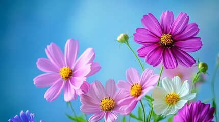 Vibrant spring floral composition  colorful daisies and cosmos against a bright blue background