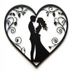 Steampunk Couple Silhouettes Inside a Brass Heart Frame Isolated on a White Background