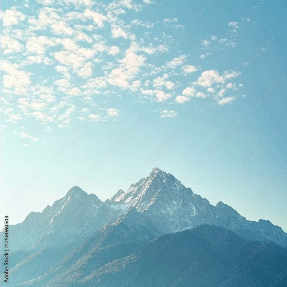 Poster Majestic mountain range under soft clouds in a clear blue sky with space for text. Generative AI