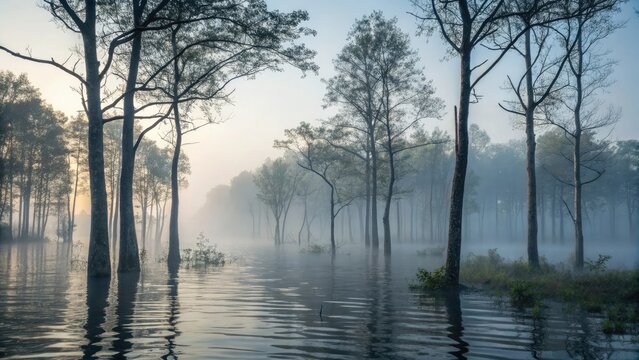 Misty flooded forest with trees reflected in the calm water, creating a serene and ethereal atmosphere.