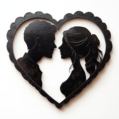 Steampunk Couple Silhouettes Inside a Brass Heart Frame Isolated on a White Background
