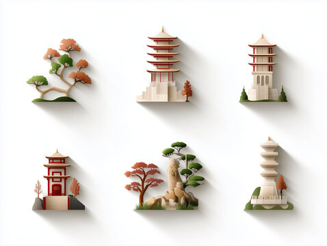 Ic&ocirc;nes de pagodes japonaise sur fond blanc, flat design