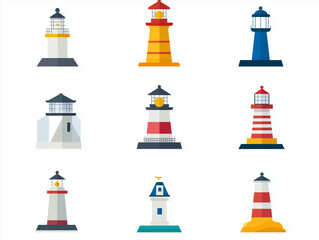 Ic&ocirc;nes de phares marins sur fond blanc, flat design