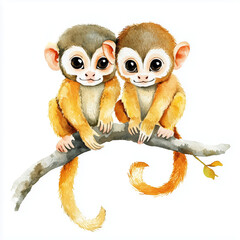 Illustration of Common Squirrel Monkey sitting on the branch, soft watercolor tones, white background, detailed illustration, cartoonish.