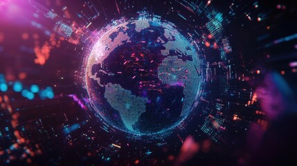 Obraz premium A globe made entirely of holographic light, surrounded by abstract data symbols, representing world trade connections, modern, clean, tech.