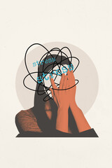 Vertical sketch 3d artwork collage poster of anonym faceless girl shut face hands melancholy...