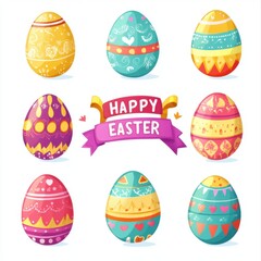 Vector illustration of colorful Easter eggs with decorative patterns and ribbons, set on white background with text "HAPPY EASTER". Cartoon flat style.