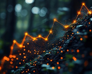 Glowing Financial Graph Integrated into Natural Landscape Showing Upward Growth with Vibrant Colors and Digital Overlays
