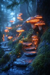 Mysterious glowing mushrooms illuminate a forest path at night