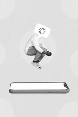 Creative 3d photo artwork graphics collage painting of loading guy jumping modern gadget isolated drawing background