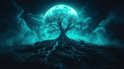 Mystical tree, moonlit night, fantasy landscape, digital art, album cover