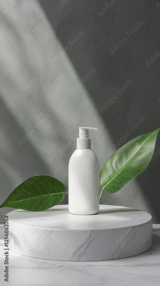 Poster a simple yet elegant cosmetic bottle stands on a marble pedestal, surrounded by lush green leaves. s