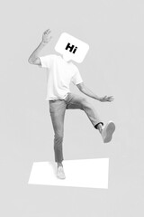 Creative photo 3d collage artwork poster postcard of weird crazy man hi word instead face going...