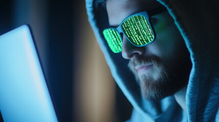 Cybersecurity threat concept with hacker in dark room and green code reflections for tech design
