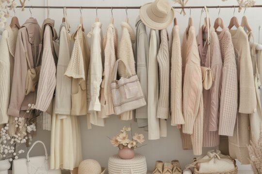 A high-fashion pastel clothing arrangement inspired by Vogue aesthetics, featuring soft tones and a sleek, stylish wardrobe setup
