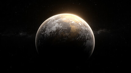 View of a distant planet illuminated by sunlight in the depths of outer space showcasing its surface features and atmosphere