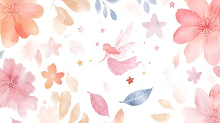 Watercolor Fairy Flying Amongst Delicate Flowers and Stars