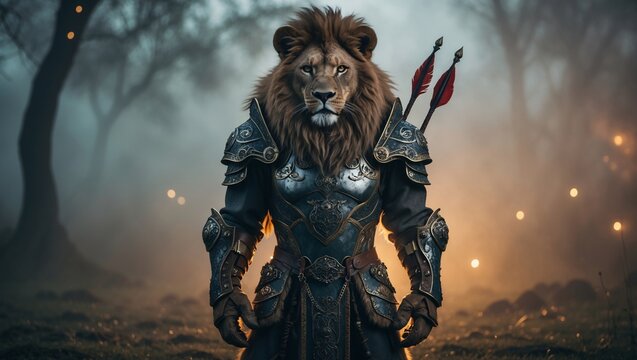 Majestic lion warrior standing tall in a misty forest, showcasing strength and bravery against a mystical backdrop of glowing embers and ancient trees