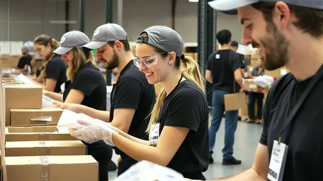 Packing Food Boxes at Local Food Bank by Community Volunteers