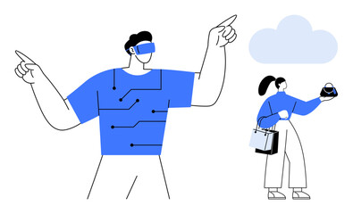 Man wearing VR headset points to virtual data woman holds a shopping bag and a globe, symbolizing online shopping. Ideal for technology, online shopping, VR, cloud computing, augmented reality