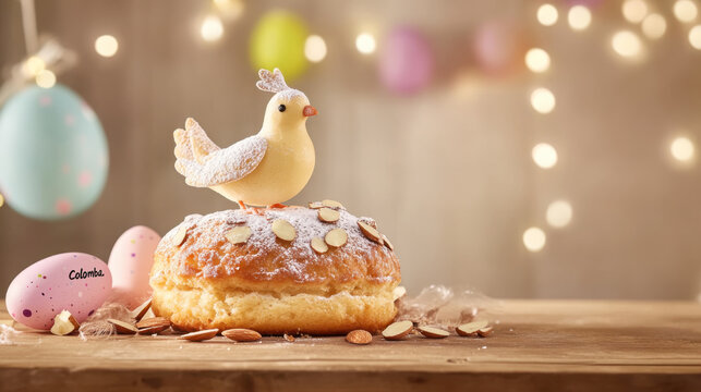 Traditional italian easter pasquetta celebration with festive almond cake