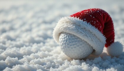A white golf ball in a Santa Claus red hat, evoking a festive winter atmosphere. The ball is sitting on a snowy surface.