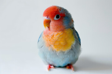 Obraz premium Cute colorful lovebird with fluffy feathers and bright plumage on a white background. Adorable pet parrot, small exotic bird, vibrant tropical bird species, and avian photography.