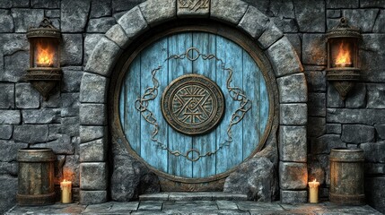 Mystical blue round door, stone archway, fantasy background, game design