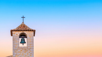 Tranquil french church bell at dusk against a luminous sky