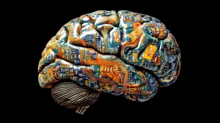 Fototapeta premium A human brain integrated with circuit patterns, depicting the fusion of human intelligence and internet technology.